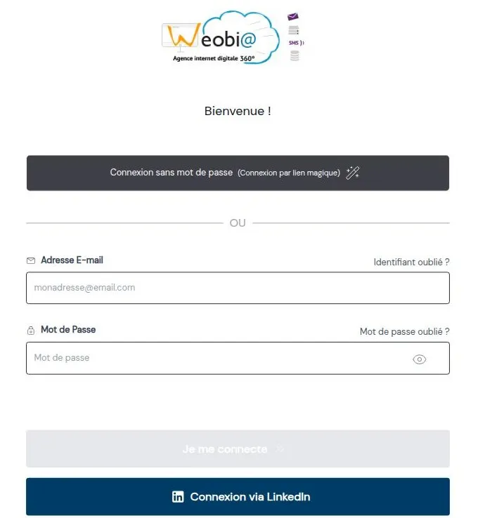 Formulaire de connexion d’Admeen, l’interface de gestion Weobia